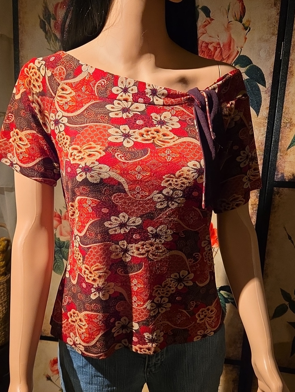 Women's Red Floral Off-Shoulder Tie Top